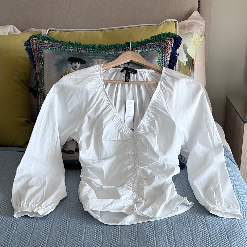 White House Black Market White Ruched V-Neck Blouse
